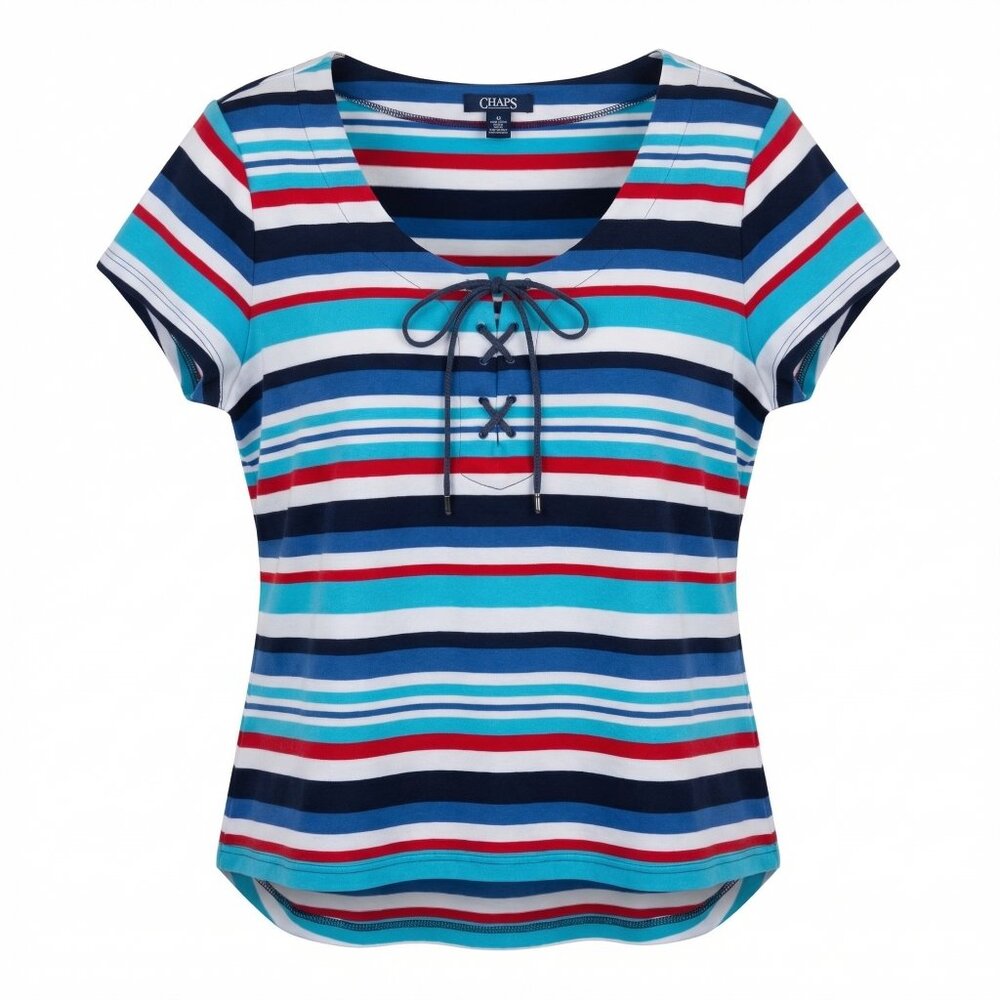 Chaps Ralph Lauren T-Shirt Lace Up V-Neck Size P XL 100% Cotton Multicolor